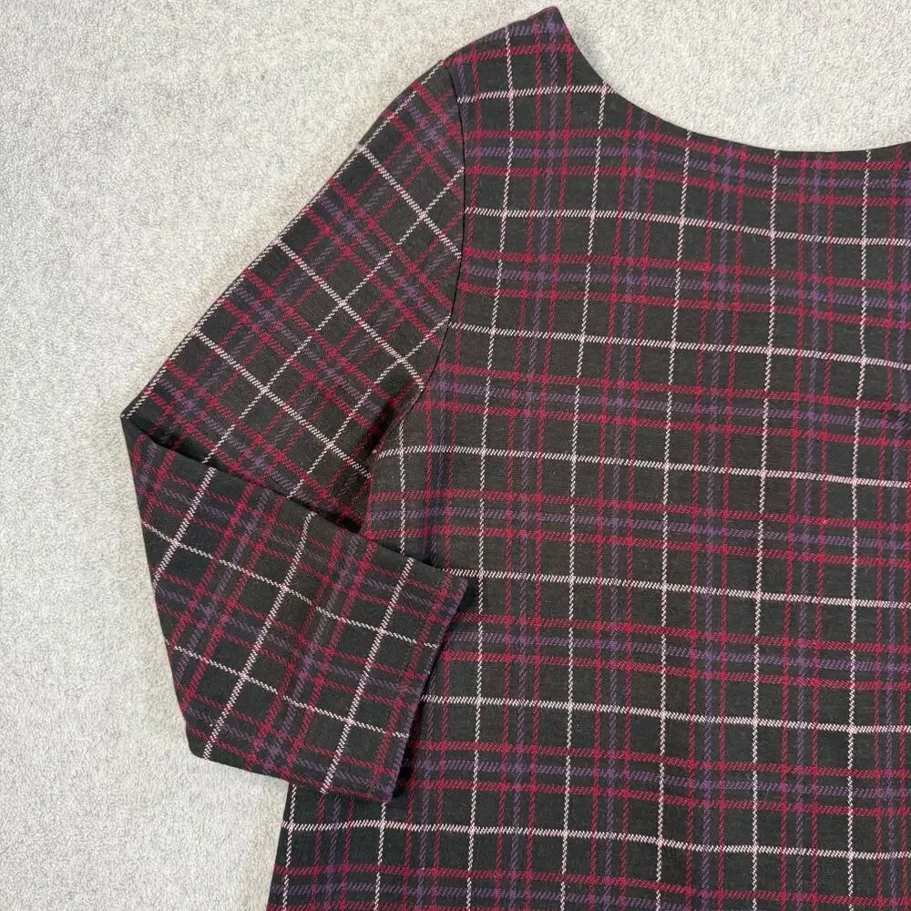 J.Jill Women’s Medium Plaid Ponte Shirt 3/4 Sleeve Button Pleat Black Red Purple